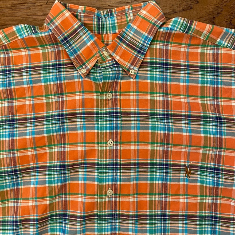 Ralph Lauren Plaid Button Down Mens XLT Orange Blue Short Sleeve Tall Shirt